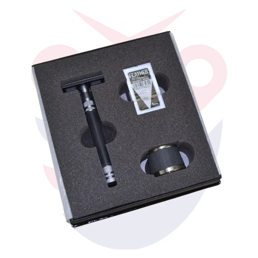 Feather Stainless Steel Double Edge Razor Set Wood Handle With Wood Stand - Image 3